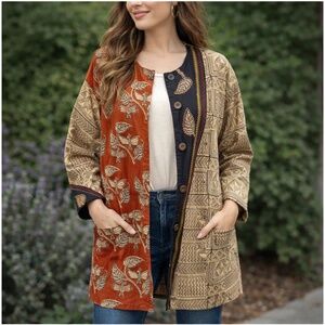 Boho Reversible Cotton Patchwork Jacket with Kantha Stitching Pockets Red Cream
